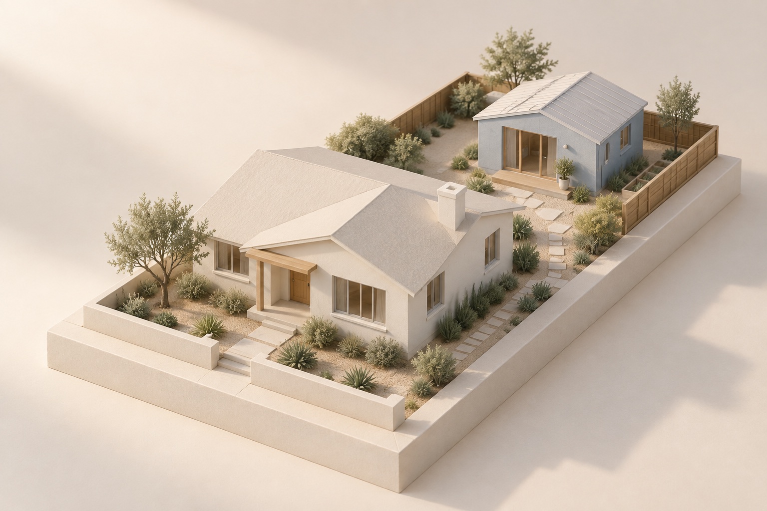 Illustrative model of a home and backyard ADU, generated with AI; not a client project.