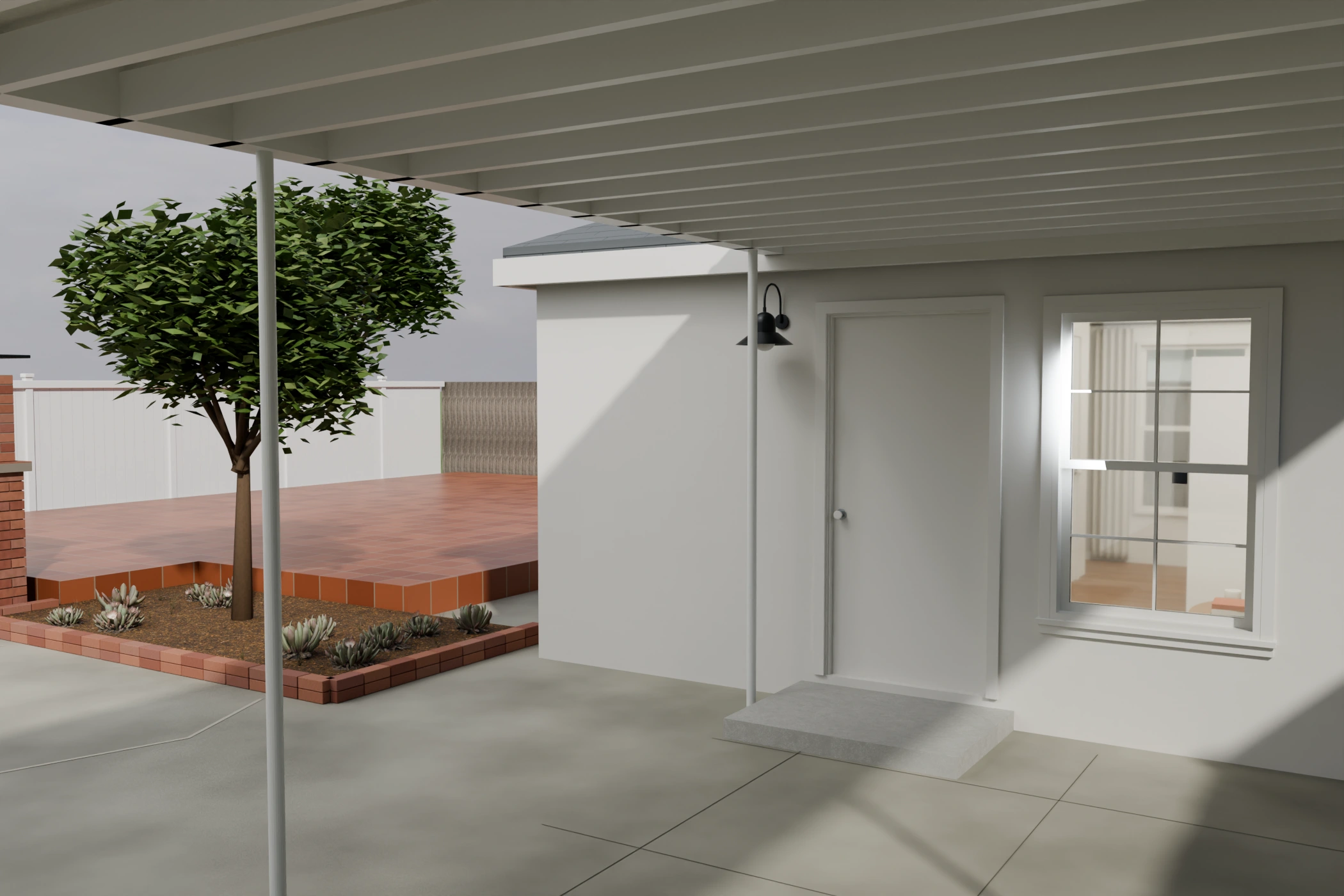 Native model view of the Eileen ADU entry, white canopy, paved approach and brick-edged planting bed.