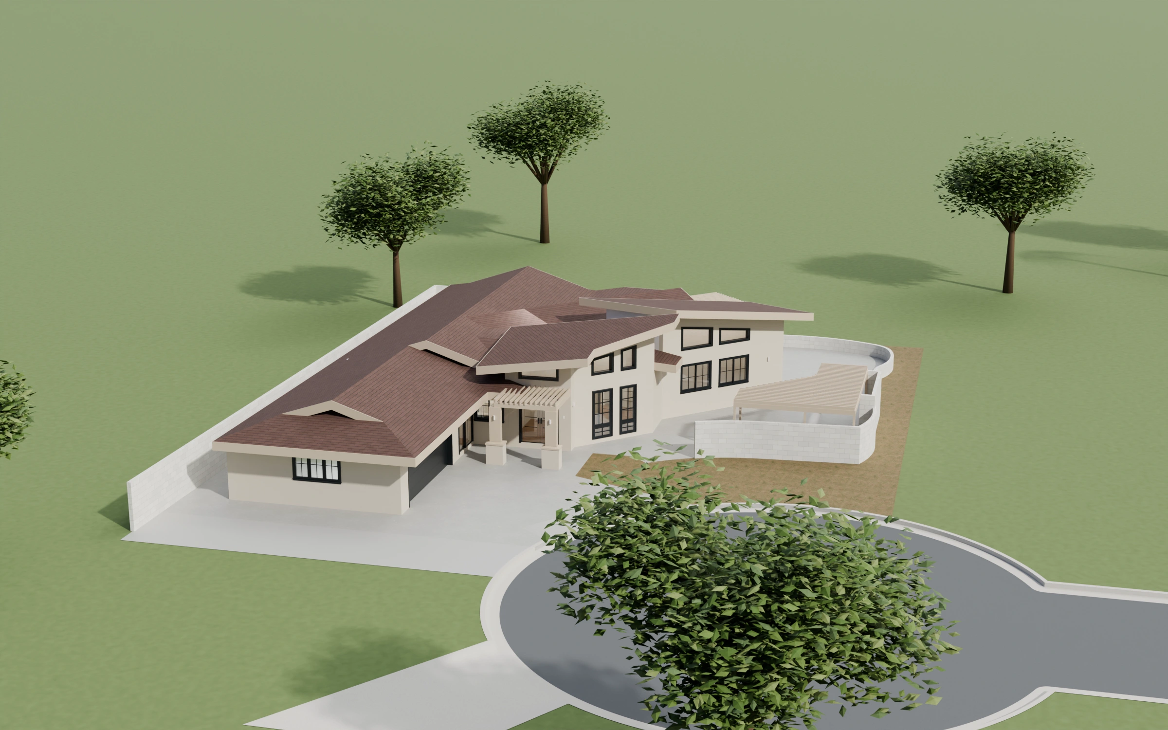 Native model view of Willow Lane showing the retained garage and roof, tall addition windows and curved courtyard walls.