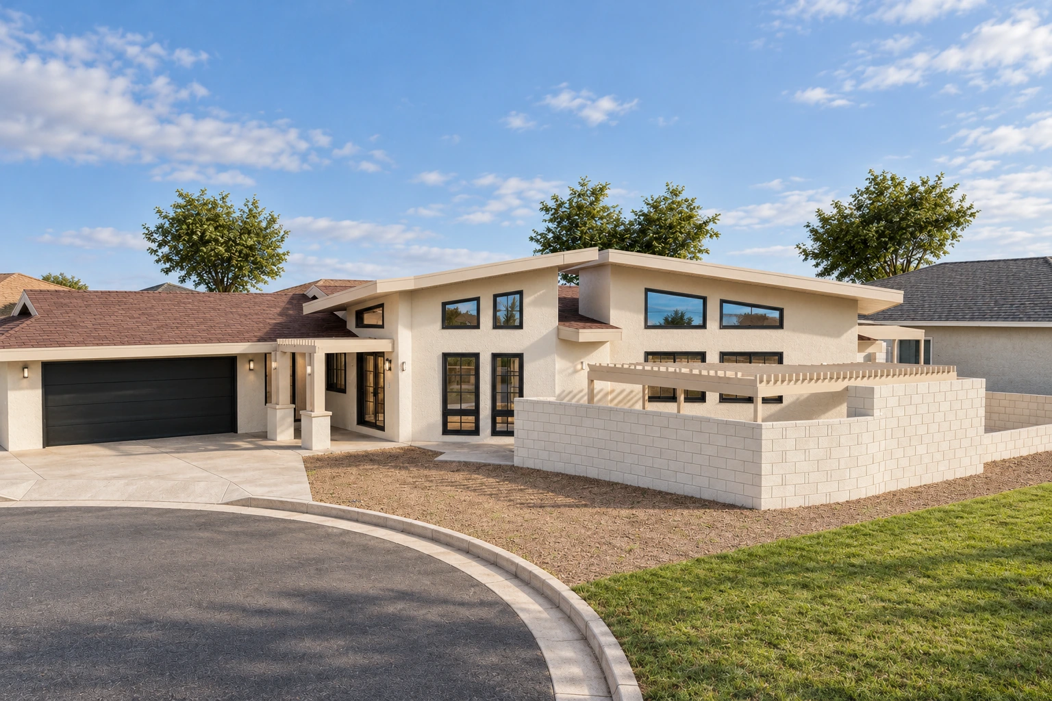 Proposed Tustin addition with beige stucco, reddish shingles, black windows and courtyard walls.