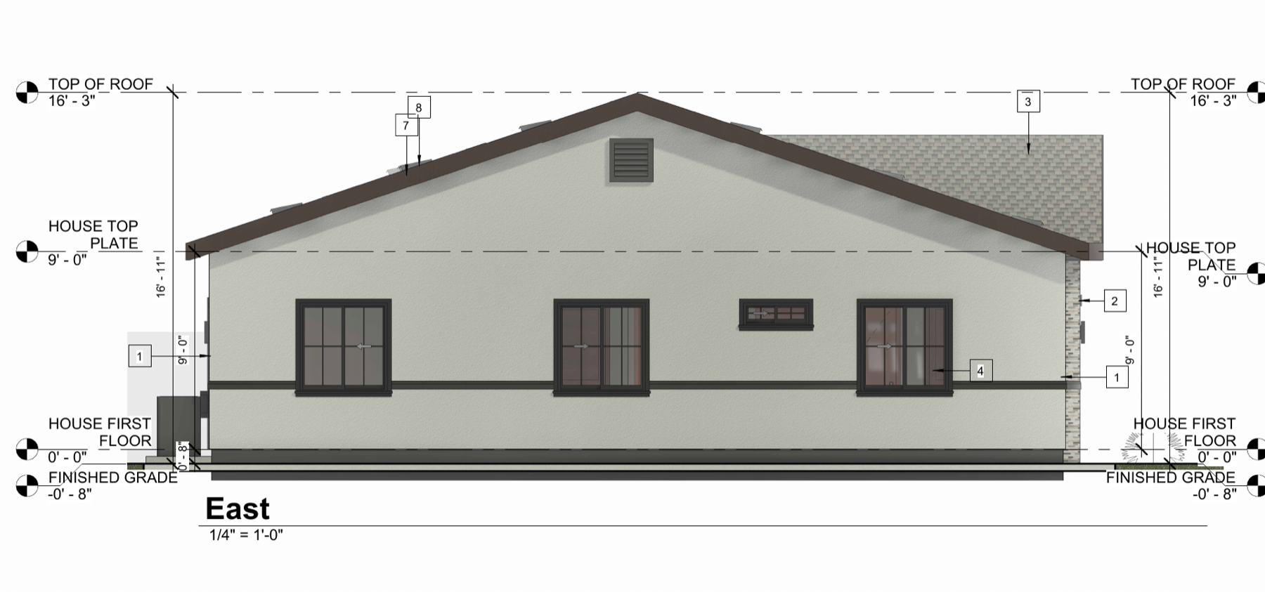 East architectural elevation of a new single-story residence in Loma Linda